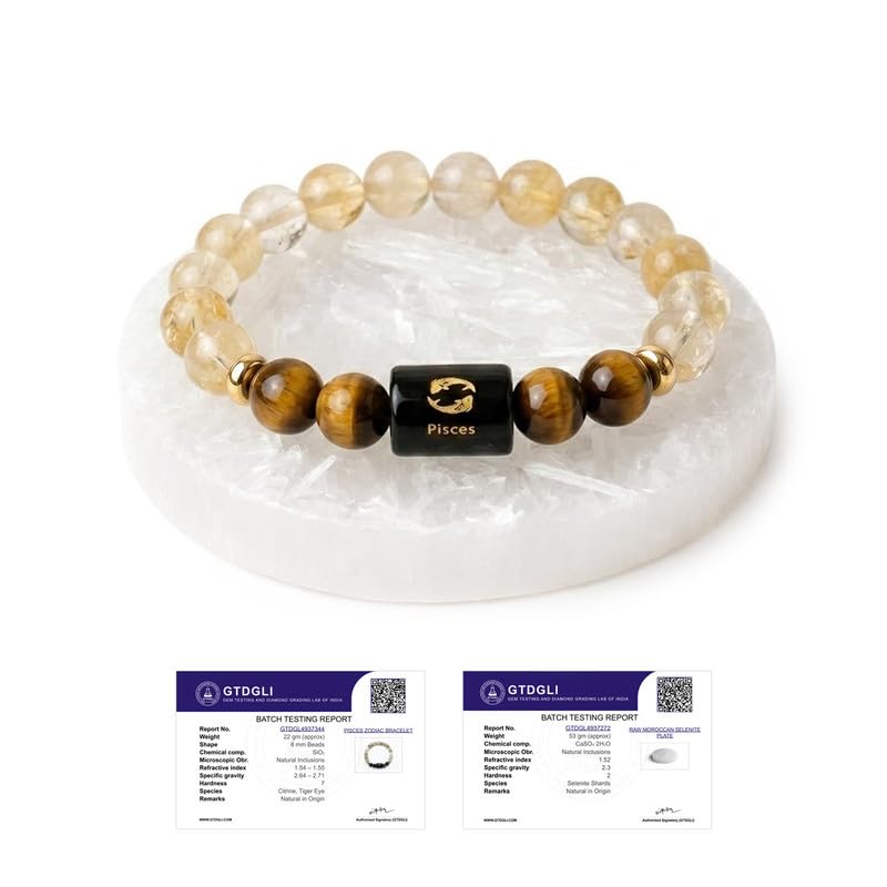 Image of Astrotalk Zodiac Bracelet with Raw Selenite Plate | Healing Crystals for Protection & Emotional Balance | Citrine & Tiger Eye | Bracelet for Man & Woman | Gift for Man & Woman
