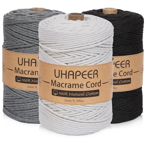 UHAPEER Cordoncino in cotone macramè da 200 m x 3 mm, 4 strati, 3 colori, per artigianato e decorazioni