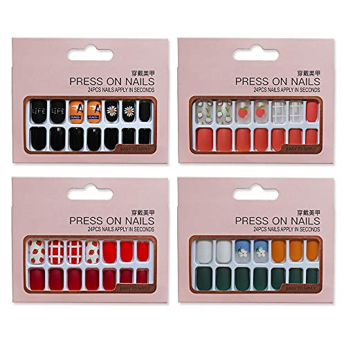 Cute Nails Press-on Fake Nails - 96Pcs with Glue Full Cover Square Medium Length False Nails for Women, Trendy Color Combo for Wedding, Party and Dating (C2 96Pcs with Glue)