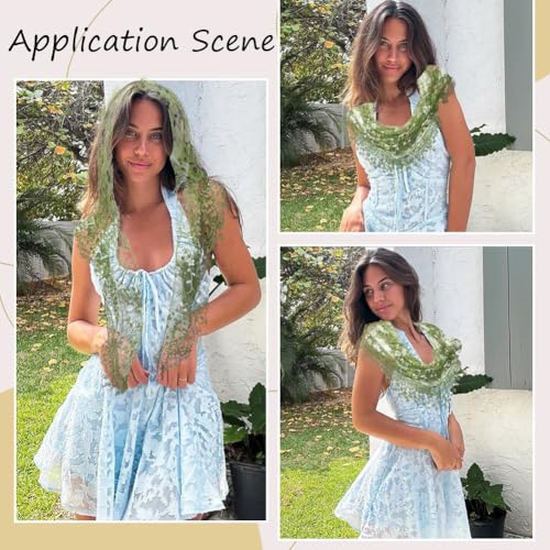 Olive Green Lace Scarf Head Wrap Vintage Soft Triangle Hairband Flower Pattern Sheer Fabric Floral Edging Trim Polyester Cloth Headbands for Women Hair Accessories Party Birthday Wedding4