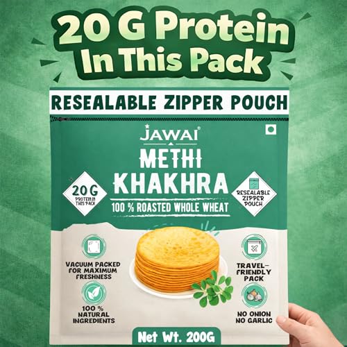 Image of JAWAI ROASTED WHOLE WHEAT METHI KHAKHRA COMBO KHAKRA- High Protein Healthy Snack, Diet-Friendly, Tea Time Snacks, Vacuum Packed Indian Snacks Pack of 4-200 Grams Each