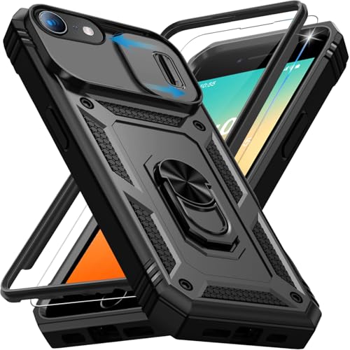 Giyer für iPhone Hülle mit Schutzfolie, Handyhülle für iPhone 8 mit Kameraschutz 360° Metall Ring Ständer Stoßfest Bumper Schutzhülle