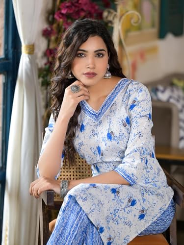 Image of Juniper Blue Floral Printed Cotton Kurta & Pant Set With Lace