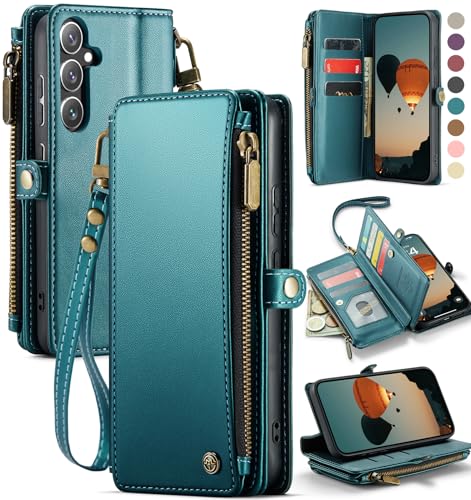 Defencase for Samsung Galaxy S25 FE Case Wallet with RFID Blocking Card Holder for Women and Men, PU Leather Magnetic Snap Flip Zipper Strap Wallet Phone Case for Galaxy S25 FE 5G 6.7", Blue Green by Defencase - Used condition - US$20.62