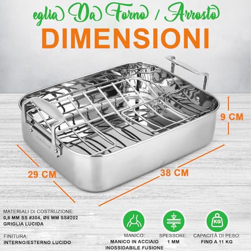 NutriChef Teglia Forno e Teglia Forno Rettangolare in Acciaio Inox da 36 Centimetri con Griglia Lucidata, Ideale per Tacchino, Pollo e Carni, Premium e Resistente con Manici Incorporati - immagine 3