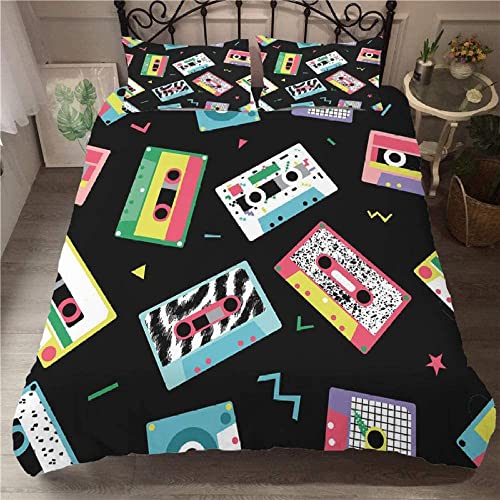 LSYW King Size Duvet Cover Black Cassette Bedding for Children Aldult Duvet Cover with Zipper Closure Breathable Hypoallergenic Microfiber Quilt Cover 90.5x 86.6 + 2 Pillowcases 19.7x 29.5