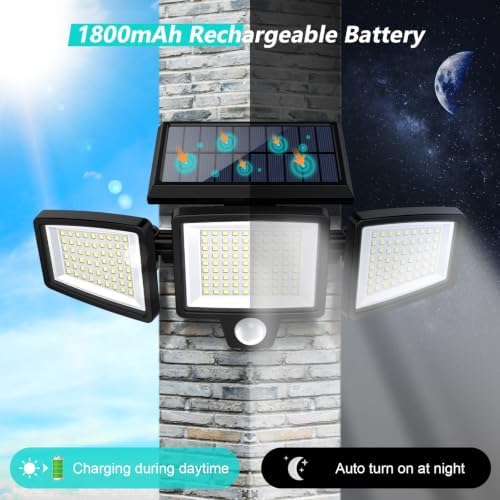Solar Motion Sensor Outdoor Lights - 2500LM Bright LED Security Flood Light - Adjustable 3 Head Night Lighting Solar Powered IP65 Waterproof with Remote for Outside Garage Yard - 3