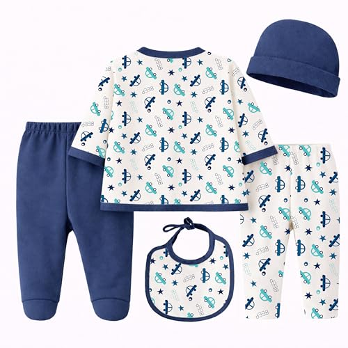 Image of Kidbee Baby Clothing Gift Set for Boys & Girls, 5 Piece Newborn Clothing Combo with Front Open Top, Pajama, Printed Pant, Cap & Bib, Soft Cotton, 0-6 Months Baby