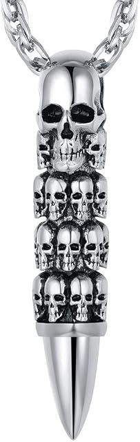 FaithHeart Gothic Skull Necklace for Men Stainless Steel Skull Head/Bullet Pendant Punk Skeleton Jewellery with Sturdy Chain Silver/Gold/Black Plated Can Customise
