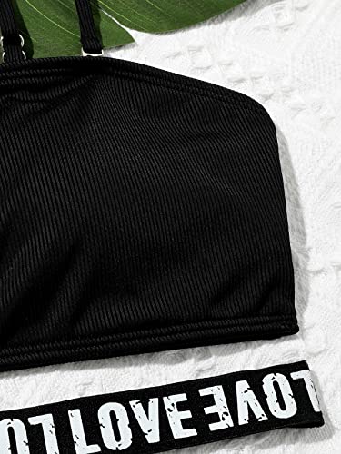 Image of Milumia Girl's 3 Piece Swimsuits Letter Print Asymmetrical Neck Cut Out Bikini Set with Beach Skirt Black 8-9 Years