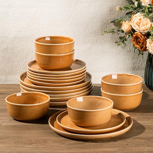Image of GBHOME Ceramic Dinnerware Sets for 6, 18 Pieces Stoneware Plates and Bowls Sets, Scratch Resistant Dishes, Dishwasher & Microwave Safe, Reactive Glaze-Amber