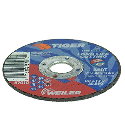 Image of Weiler 57010 2-Inch Cutting Wheel, Tiger AO Steel /Metal Long Life, Performance Cutting, 0.035 inch A60T Type 1 3 /8 inch Arbor (Pack of 100)