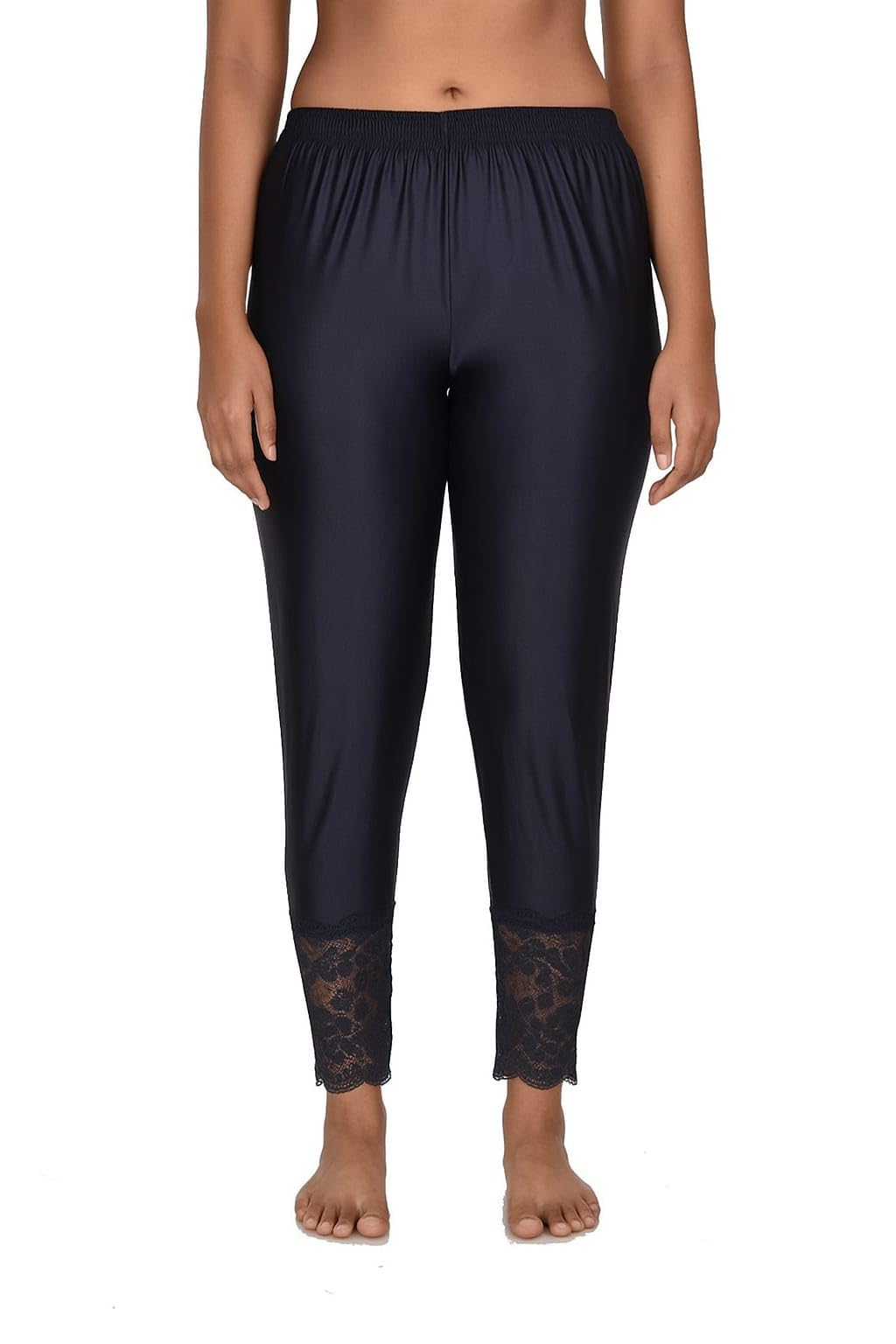 Women's Ankle Length Leggings with Lace Trim Detail, Elastic Waist, Black-picture-35