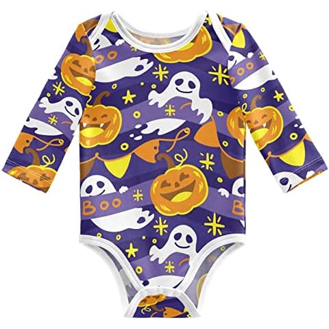JUNZAN Halloween Skull on Orange Baby Boy Bodysuits Long Sleeve Cotton for Baby Girl Newborn Toddler Infant 24 Months 3M, Halloween Pumpkin Ghosts Cute Print, Large Cover