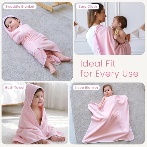 Image of Softan Baby Hooded Towels and Washcloths Set 6 Pack, 28x28 Ultra Soft & Absorbent Baby Bath Towels for Newborn Infant Toddler, Unisex Boys Girls (Pink Elephant)