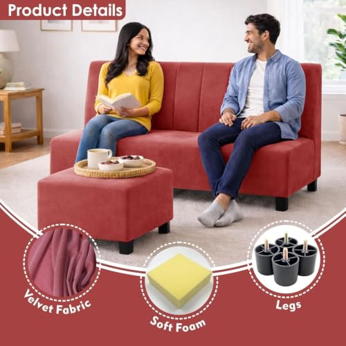 Image of Rosebell 2 Seater Sofa Set with Ottoman, Plush Upholstered Couch with Matching Footrest, Modern Comfortable Seating for Living Room & Office, Guest Room - Rose Pink Color
