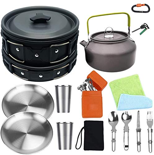 Bisgear Camping Cookware Kettle Pot Pan Mess Kit Stainless Steel Cup Plates Utensil