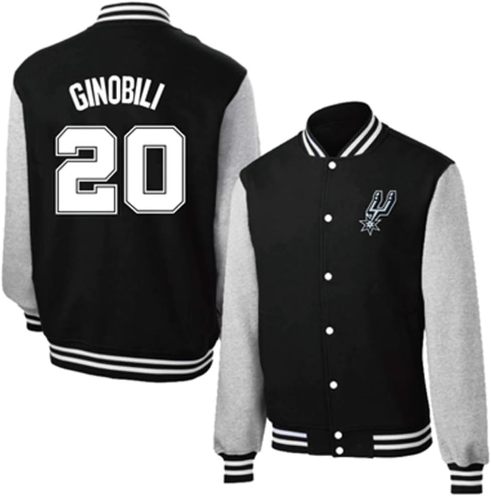 HSLBQFQ Sports Jacket San Antonio Spurs 20# Manu Ginóbili Jersey Basketball Cardigan Jacket Baseball Men's Jacket Teen Sweatshirt Fashion Long Sleeve Top,XL