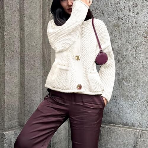 Image of Chevara Women's Cropped Cardigan Sweater Long Sleeve Crewneck Button Down Knit Sweater with Pockets