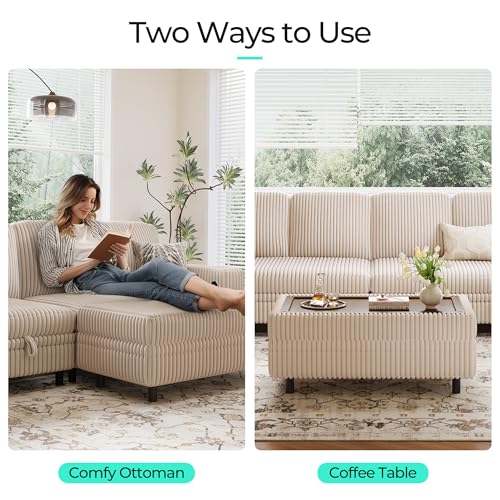 Image of LINSY HOME Storage Ottoman Bench, 40 inch Convertible Coffee Table Plush Corduroy Foot Rest Ottoman for Living Room, Bedroom, Guest Room, Entryway, Beige