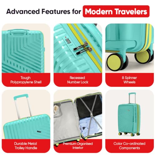 Image of Core Medium Check-in Suitcase 65 cm 24 inch Polypropylene Hard Trolley Bag, 8 Spinner Wheels, Recessed Number Lock, Lightweight Luggage for Men & Women Aegean Blue /Meadow Yellow
