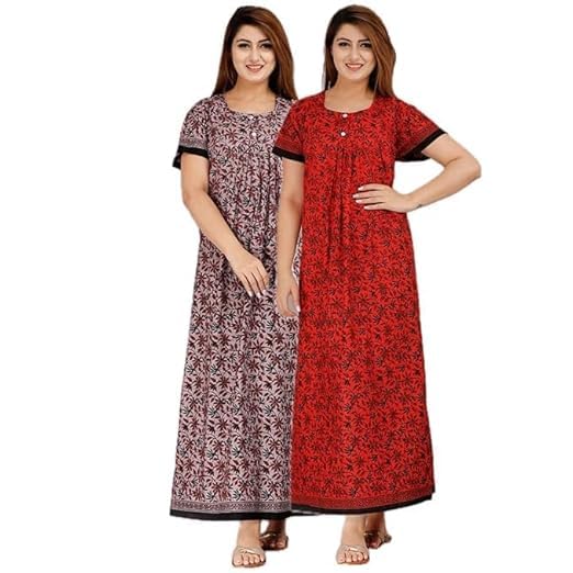 Image of OFEEFAN Cotton Nighty for Women - Pack of 2 Printed Maxi Gowns, Ankle-Length Night Dresses, Soft & Breathable Sleepwear - Free Size