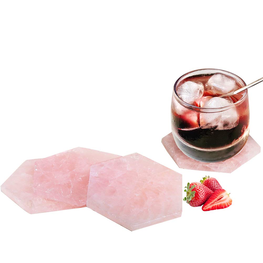 AMOYSTONE Rose Quartz Pink Healing Crystal Stone Coasters for Drinks Hexagon Bar Coasters Housewarming Gifts with Rubber Bummpers Set of 4