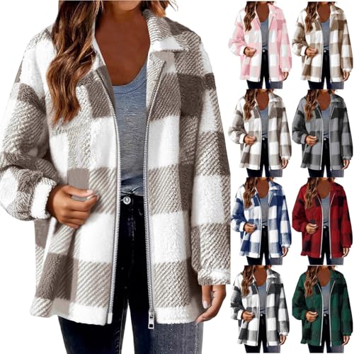 Womens Fleece Zip Up Jacket Trendy Long Sleeve Plaid Sherpa Shacket Plus Size Lightweight Warm Fuzzy Fall Coats