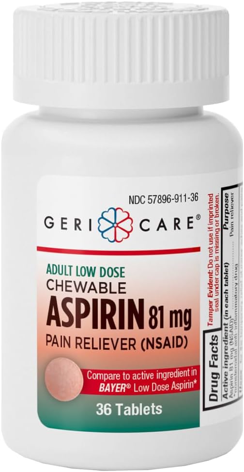 GeriCare Low Dose Adult Chewable Aspirin 81mg, Pain Reliever, Fever Reducer, 36 Count (Pack of 1)