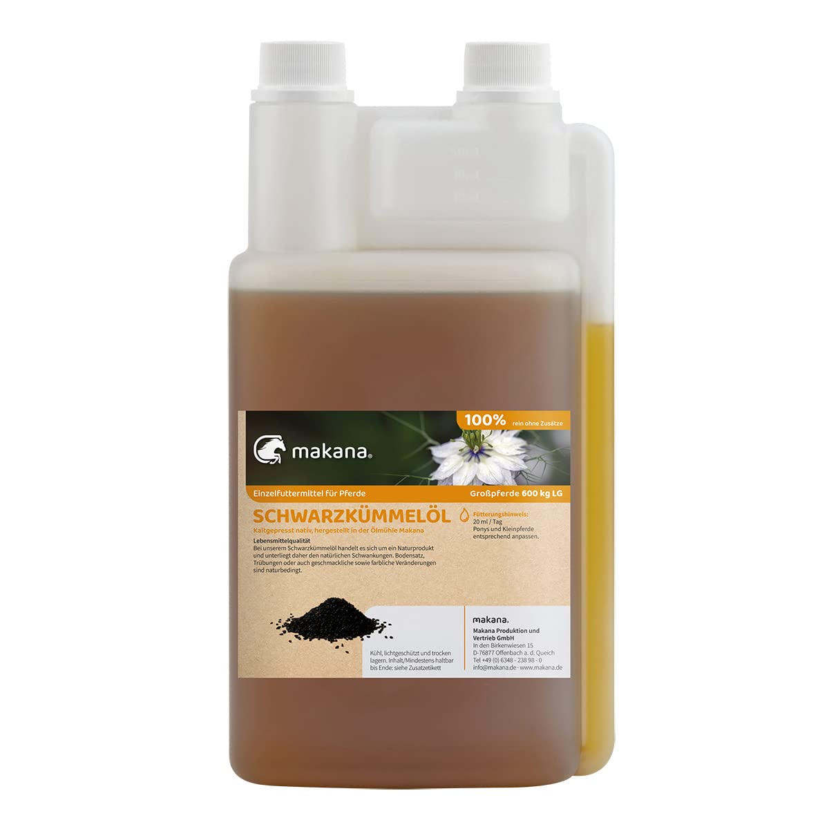Makana - Aceite de comino Negro para Animales, prensado en frío, 100% Puro, Botella dosificadora de Polietileno de 1000 ml (1 x 1 l)