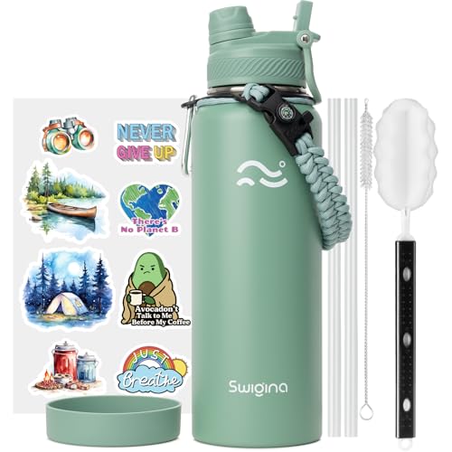 Image of Swigina [2-IN-1 LID] Insulated Water Bottle with Silicone Boot (36hrs Cold /18hrs Hot) - DIY Stickers, Leakproof, BPA Free, 40 oz