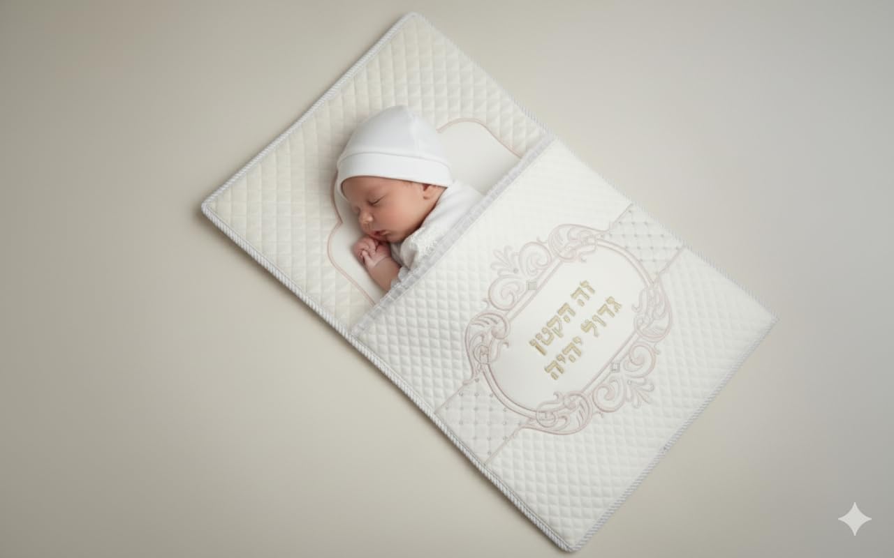 Contemporary White Leather-Like Bris Pillow Case (Puya) with Embroidered “Zeh Hakatan Gadol Yiye” – Quilted Brit Milah Pillow Cover with Protector – 26" x 17"