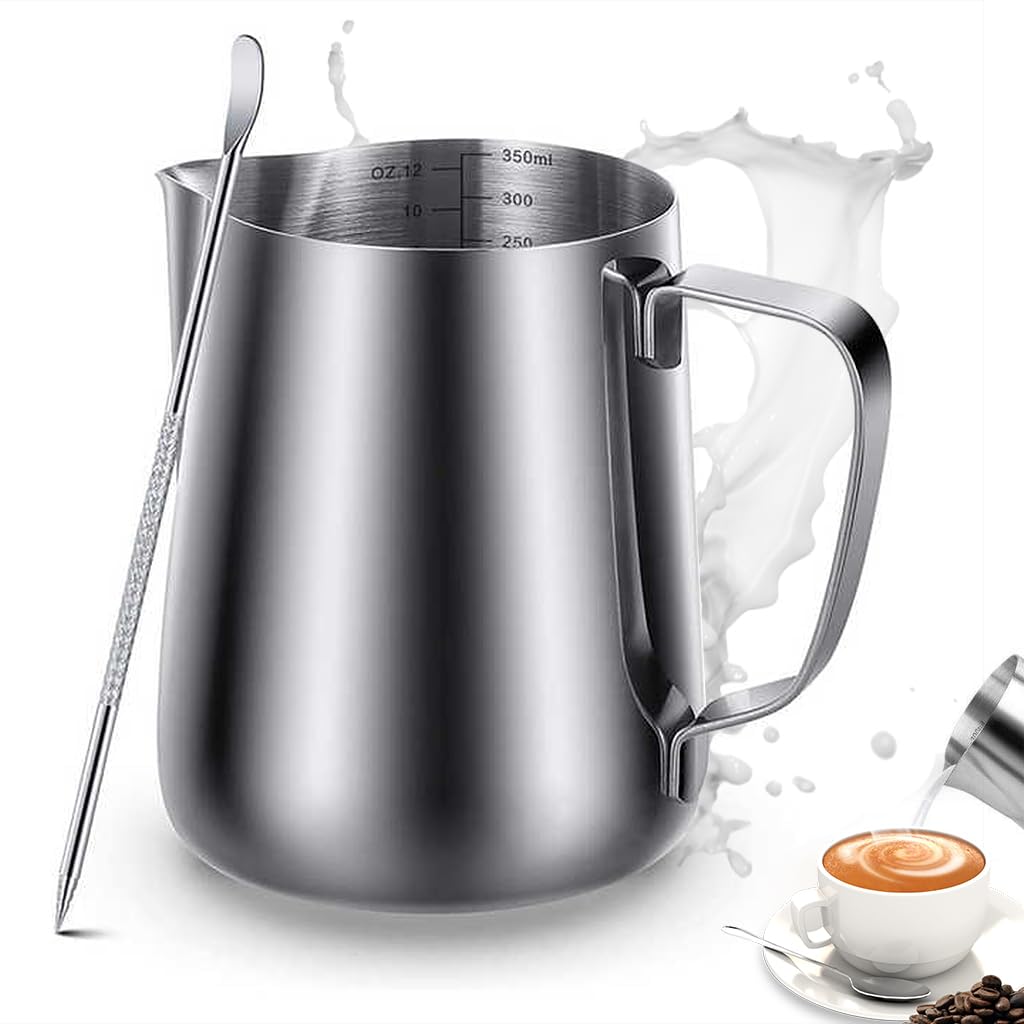 Zeitel® 12oz Milk Frothing Pitcher with Scale Stainless Steel Espresso Milk Frothing Pitchers for Cappuccino Barista Steam Pitchers Milk Jug Cup with Decorating Pen Latte Art