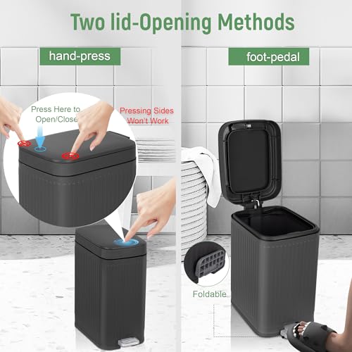Image of rejomiik Small Bathroom Trash Can with Lid Slim Soft Close Garbage Can Step Wastebasket Container Trash Bin for Office Bedroom Kitchen Living Room (2.6 Gallon Dark Gray)