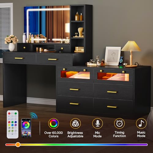 Image of DWVO Large Vanity Desk with Mirror - RGB LED and Charging Station, Make up Vanity Mirror with 3 Lights Mode and Brightness Adjusted, Large Storage Space-10 Drawers, 3 Open Shelves, Black