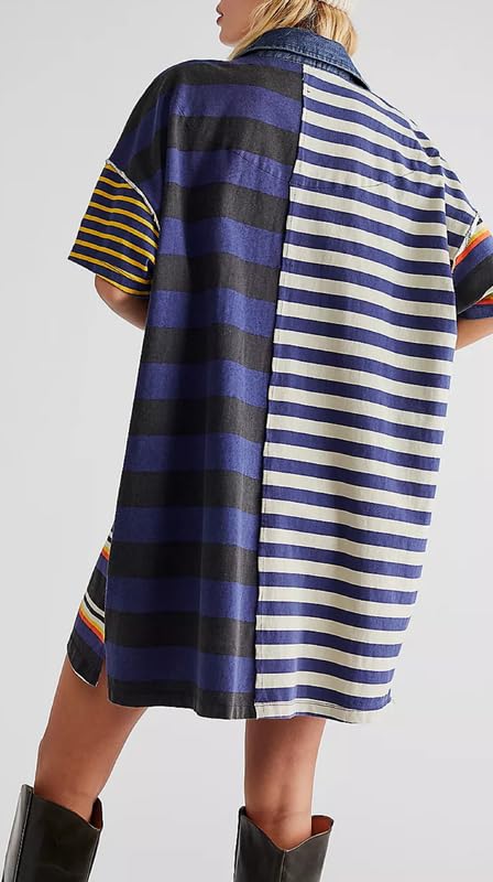 Image of NUFIWI Y2K Striped Shirt Mini Dress for Women Oversized Stripe Tunic Tshirt Dresses Short Sleeve Buttons Loose Fit Tee Dress