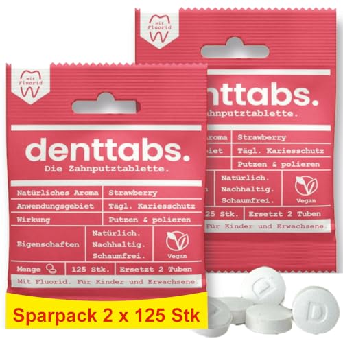 Denttabs Zahnputztabletten Erdbeergeschmack 2x125 Stk. die vollwertige Alternative zur Zahnpasta, fluoridfrei für Kinder und Erwachsene VEGAN Plastikfrei ohne Konservierungsstoffe. kompostable Bag