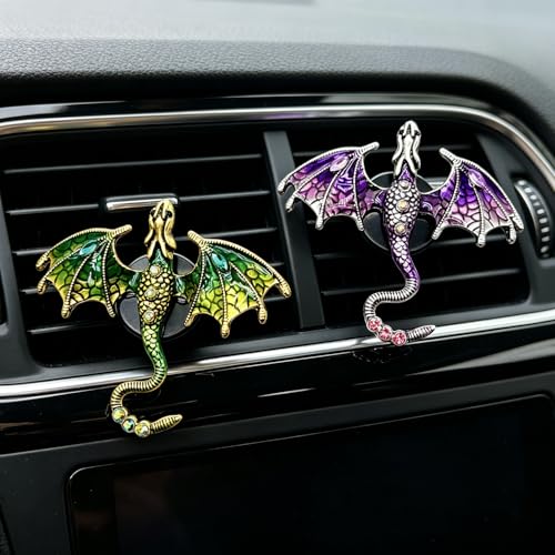 Image of 2 Pcs Bling Dragon Car Air Freshener Vent Clips, Crystal Rhinestone and Enamel Dragon Air Vent Clips Car Diffuser Cute Car Interior Decoration Accessories for Women Gift (Green Purple)