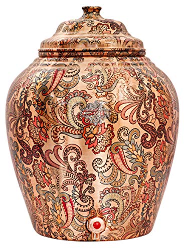 Image of Indian Art Villa Printed Design Copper Water Dispenser Pot Matka, Stoarage, Home Garden, 10 LTR, Light Peach