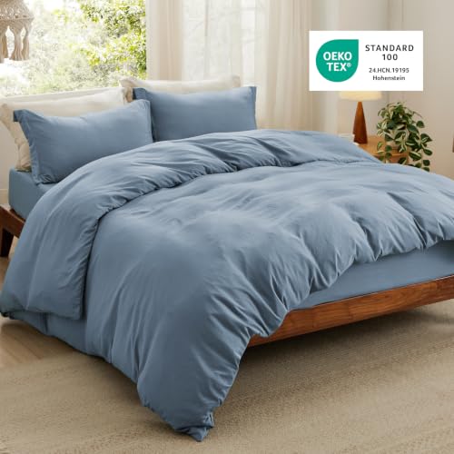 Image of Bedsure Prewashed Duvet Cover King with Fitted Sheet, 4Pcs, Dusty Blue