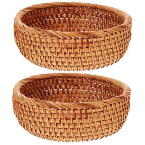 KICHOUSE 2pcs Rattan Bread Basket Rustic Basket Bread Holder Wicker Bread Basket Rattan Round Fruit Basket Fruit Vegetable Basket Storage Baskets Household Woven Fruits Basket Yellow Vine