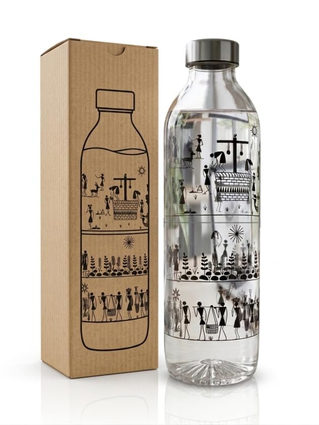 Image of VedicCrafts 800ml Printed Glass Water Bottle
