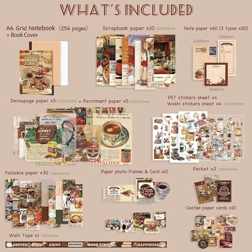 Image of VOTDOT (346Pcs) Paper Junk Journal & Scrapbook Kit, Scrapbooking Supplies Kit with Creative Decor Journaling Supplies, Stationery, Stickers, A6 Grid Notebook with Graph Ruled Page Gift for Girl (Coffee Scrapbook)