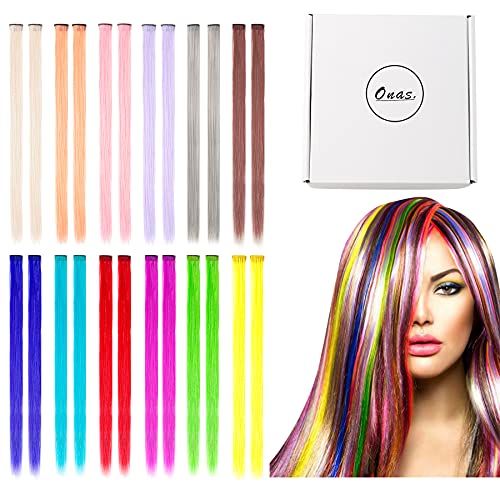 24PCS Colored Hair Extensions Clip in Colorful Hair Extensions 20 Inch Rainbow Hair Extensions for Kids Women's Gifts Red Pink Blue Hair Extensions (24pcs colored)