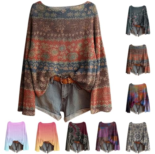 Knit Tops for Women Lightweight Boho Sweater Fall Long Sleeve Graphic Sweaters Trendy Crewneck Pullover Outfits