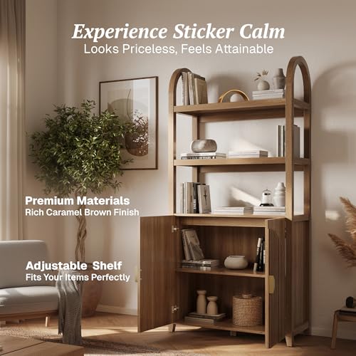 BELLEZE Book Shelf 72" Tall Arched Bookcase with Storage, 5 Tier Mid Century Modern Fluted Bookshelf with Doors, Modular Bookshelves for Living Room Office Library (Caramel Brown) - Image 5