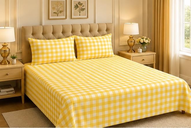Image of 210 TC Premium Glace Cotton Comfort Elegent Design Bedsheet with Pillow Cover - Ultra Soft Cotton Queen Bed Sheet for Daily Comfort - YellowCheck Elegent 90x90 Inche