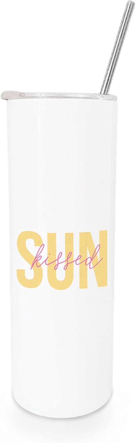 The Cotton & Canvas Co. Sea Salt Sun Vacuum Insulated Stainless Steel Summer Tumbler with Metal Straw and Sliding Closure Lid, Insulated Travel Mug, Thermal Cup (20 Ounce)