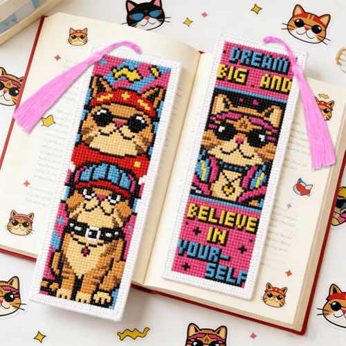 Image of ACRNIGHEET 6PCS Cross Stitch Bookmark Kit for Beginner Cool Cat Stamped Cross Stitch Kits Needlepoint Kit for Adults DIY Tassel Embroidery Bookmark Kits with Instructions Craft Gift 8.5 inchx3 inch 11CT