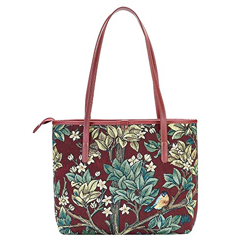 Signare Tapestry Shoulder Bag for Woman Travel or Work Tote Bags for Women In William Morris Tree of Life in Red backdrop Design|COLL-ART-WM-TLBL
